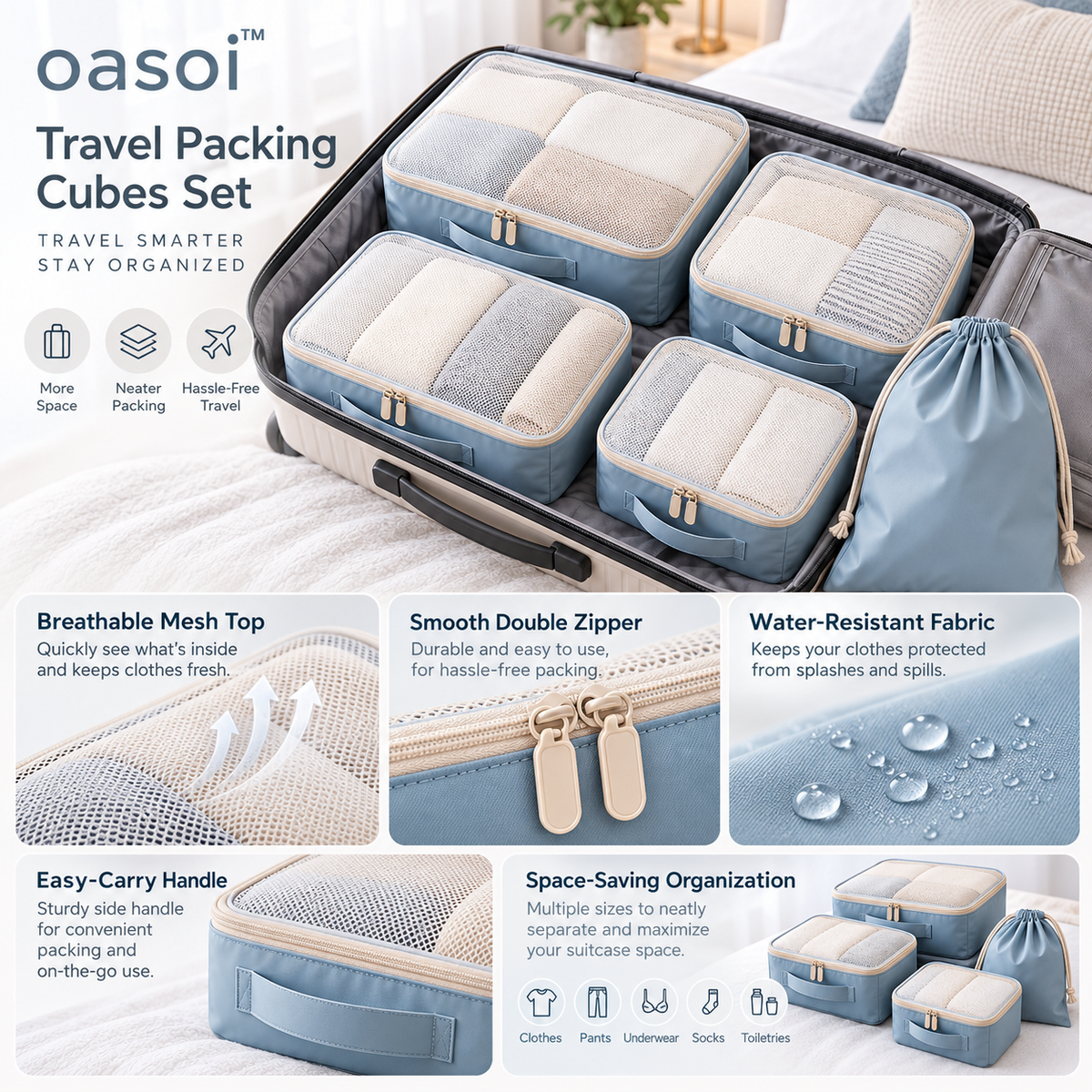 oasoi™ Cloudline 5-Piece Packing Cube Set — feature overview