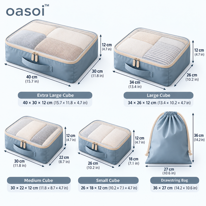oasoi™ Cloudline 5-Piece Packing Cube Set — dimensions chart