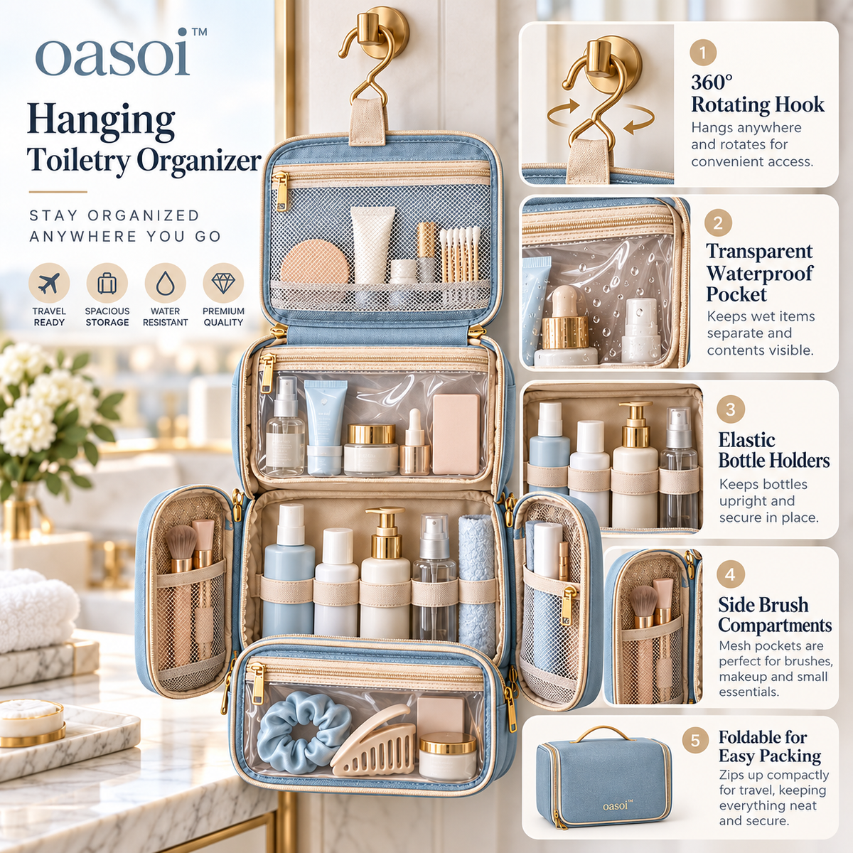 oasoi™ Skyfold Hanging Toiletry Organizer — features image