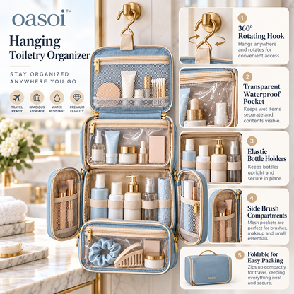 oasoi™ Skyfold Hanging Toiletry Organizer — features image