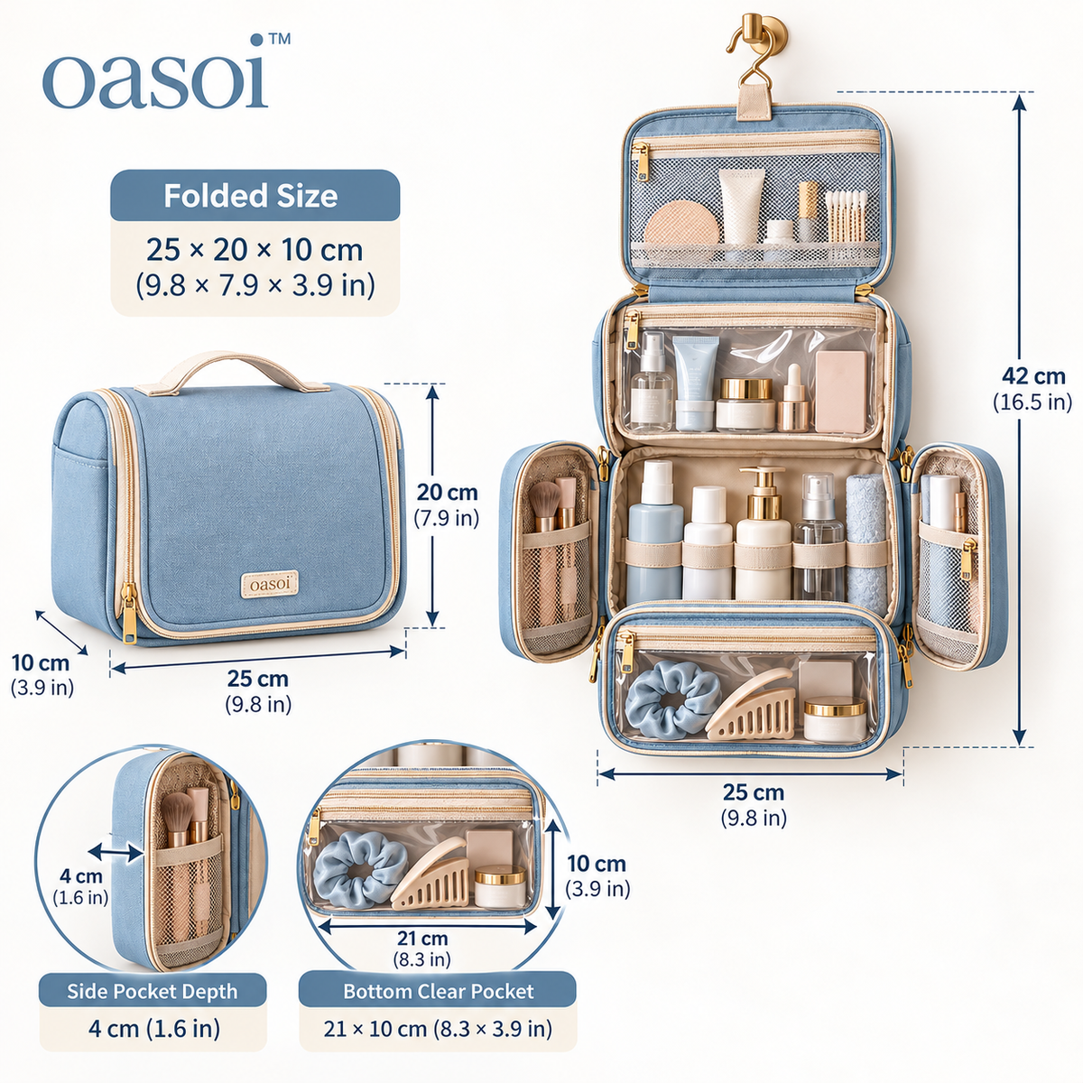 oasoi™ Skyfold Hanging Toiletry Organizer — dimensions image