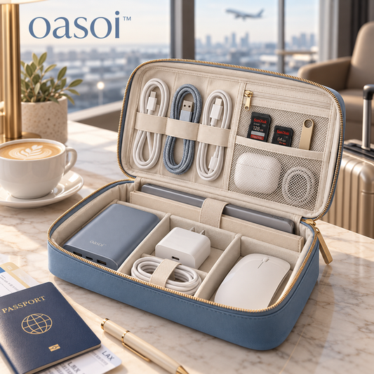 oasoi™ TechNest travel electronics organizer in mist blue with a structured zippered case