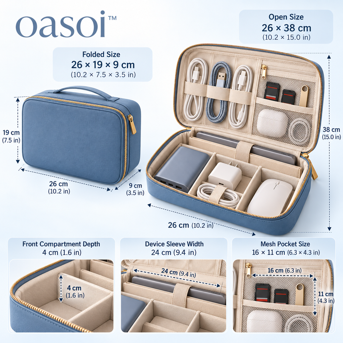 oasoi™ TechNest travel electronics organizer dimensions in inches
