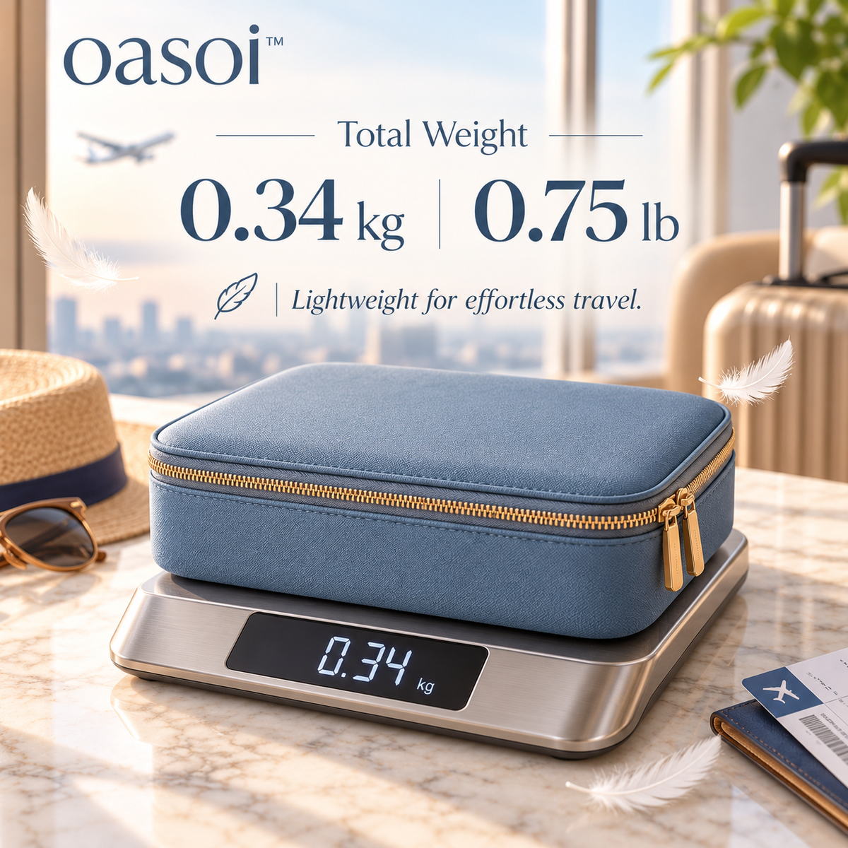 oasoi™ TechNest travel electronics organizer weight graphic showing 0.75 pounds