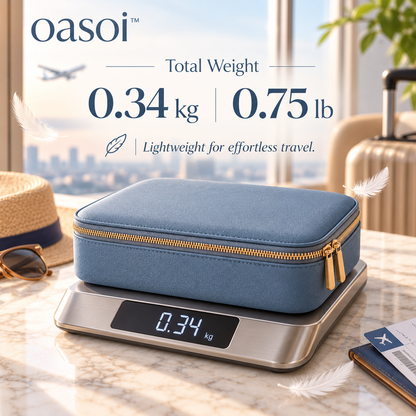 oasoi™ TechNest travel electronics organizer weight graphic showing 0.75 pounds
