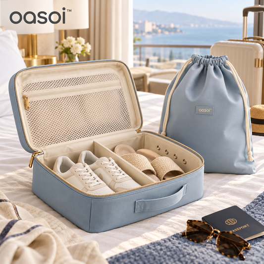 oasoi™ Pair & Pack travel shoe organizer in mist blue with divided interior and matching drawstring laundry bag