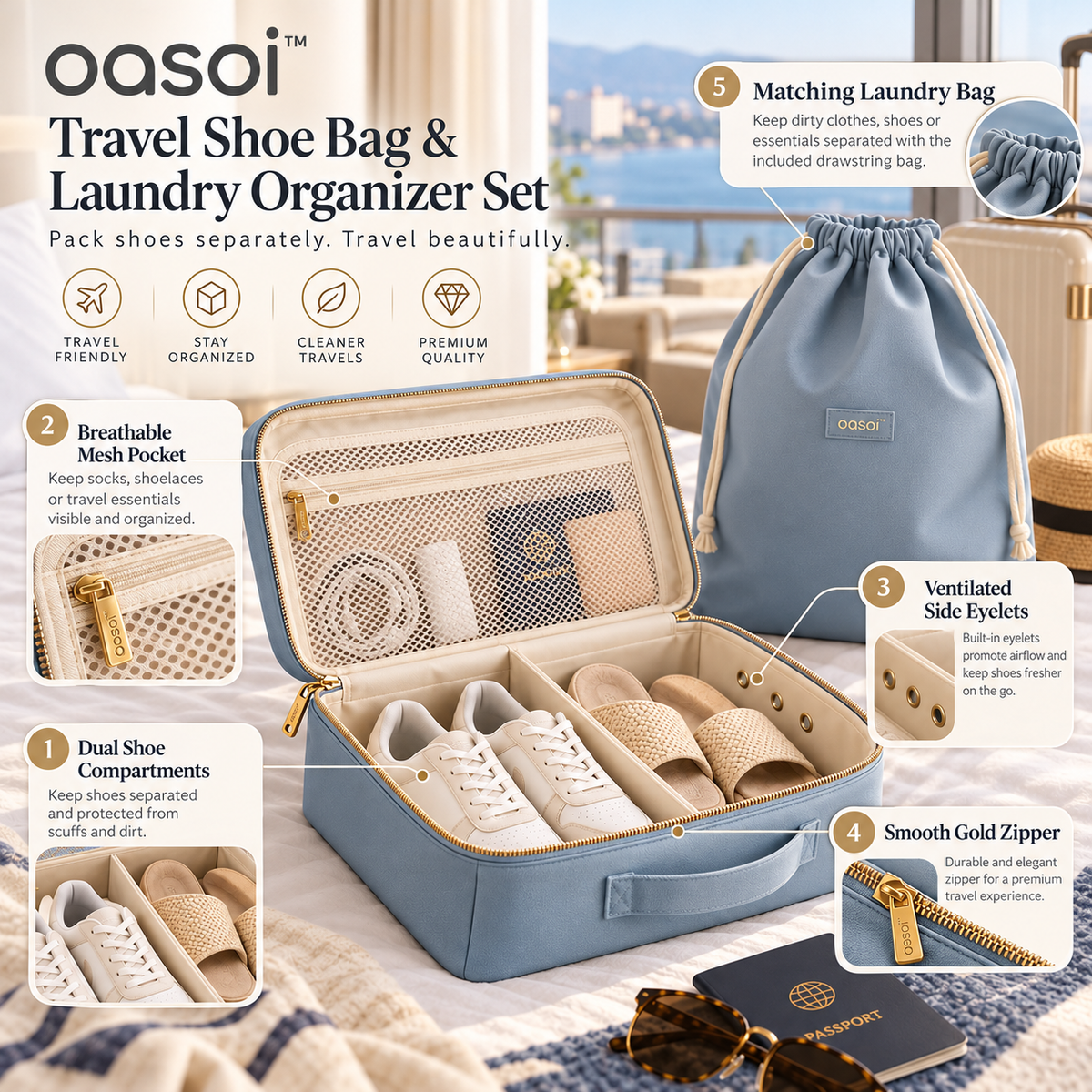 oasoi™ Pair & Pack features including divided shoe sections, mesh pocket, ventilation eyelets, gold-tone zipper and matching laundry bag