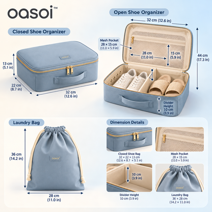 oasoi™ Pair & Pack shoe organizer and laundry bag dimensions in inches and centimeters
