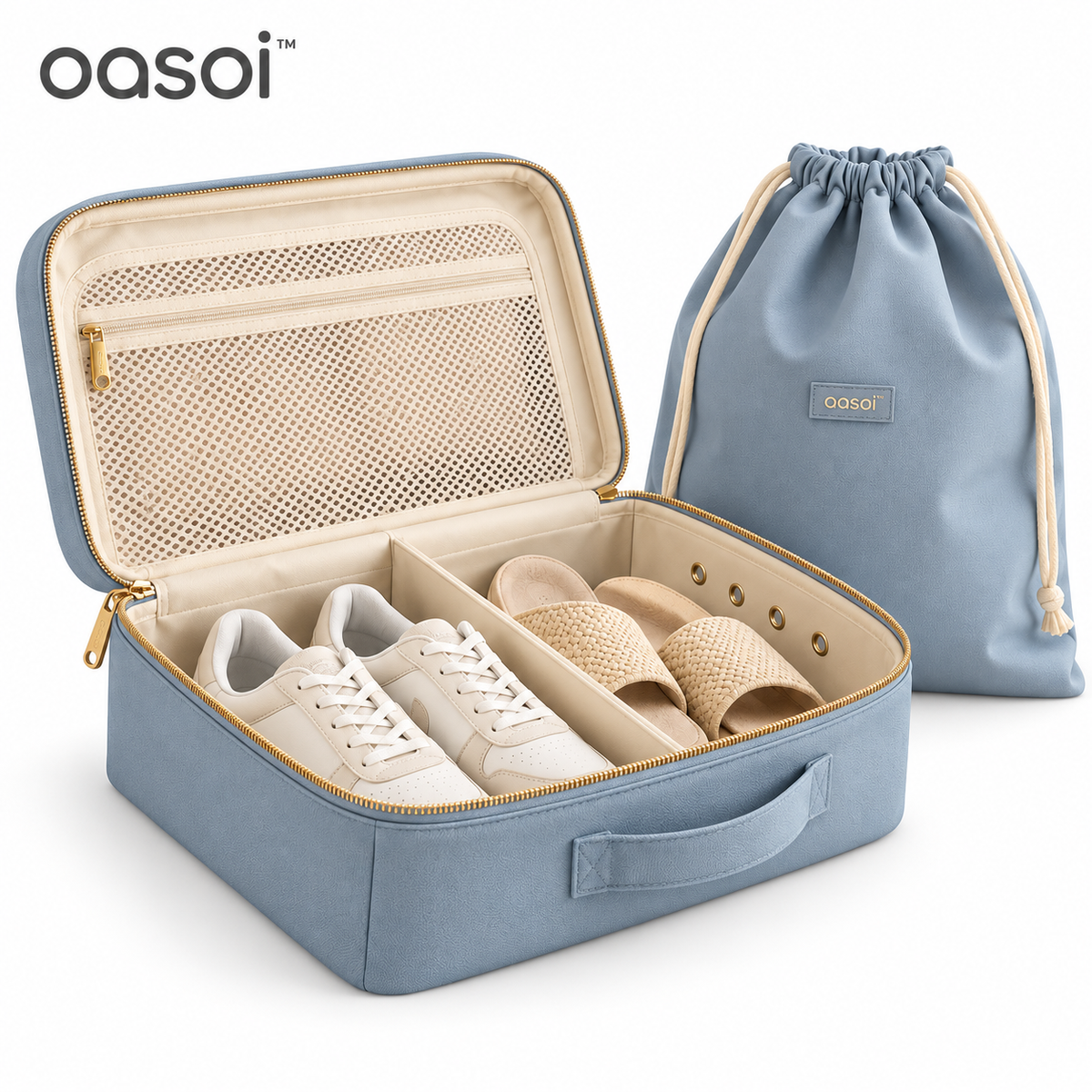 oasoi™ Pair & Pack travel shoe organizer and matching drawstring bag on a clean white background