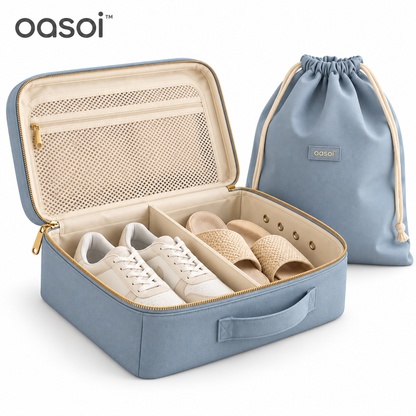 oasoi™ Pair & Pack travel shoe organizer and matching drawstring bag on a clean white background