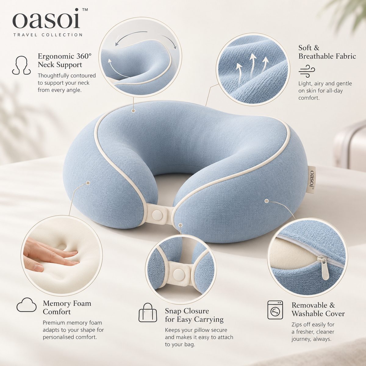 oasoi™ CloudRest Contoured Travel Neck Pillow — features image