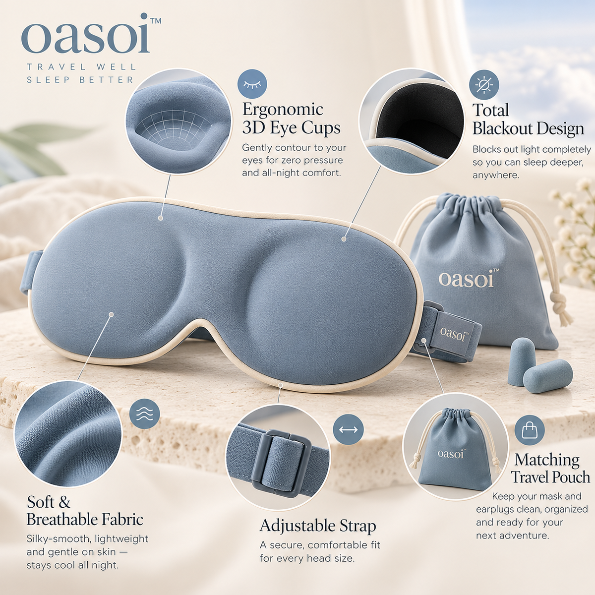 oasoi™ DriftSleep Contoured Travel Eye Mask — features image