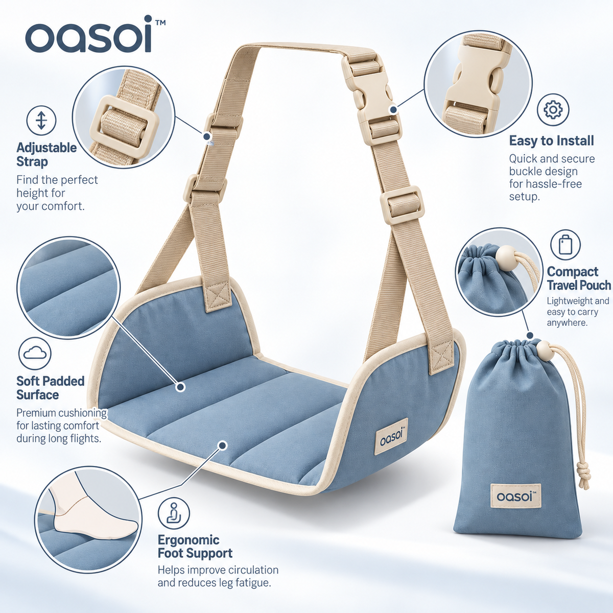 oasoi™ AirEase Adjustable Airplane Footrest — features image