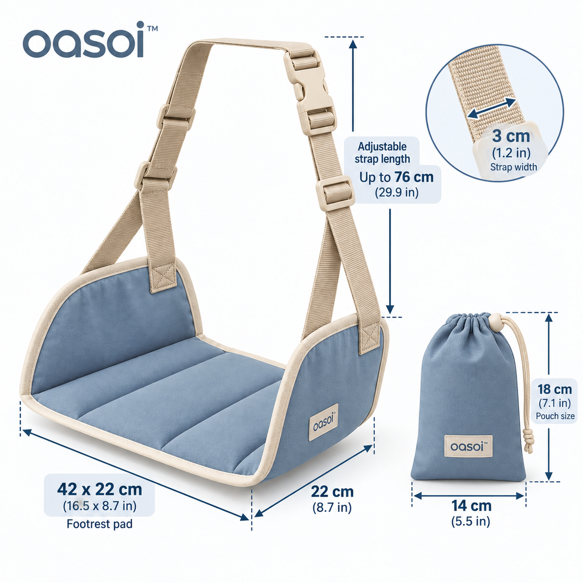 oasoi™ AirEase Adjustable Airplane Footrest — dimensions image