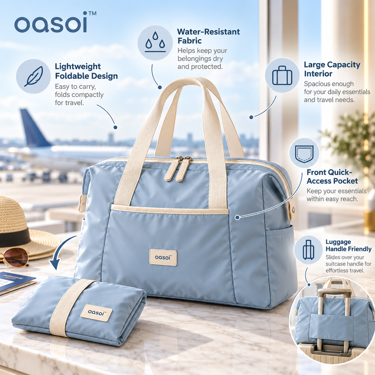 oasoi™ CloudCarry Foldable Weekender Duffel feature overview showing foldable design, water-resistant fabric, large interior, quick-access pocket, and luggage-handle sleeve