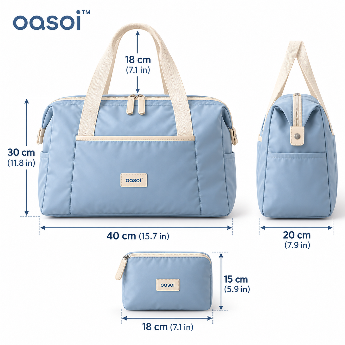 oasoi™ CloudCarry Foldable Weekender Duffel dimensions in inches and centimeters, including folded pouch size