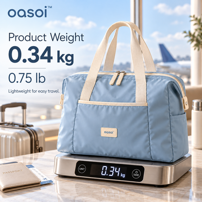 oasoi™ CloudCarry Foldable Weekender Duffel weight graphic showing 0.34 kg / 0.75 lb
