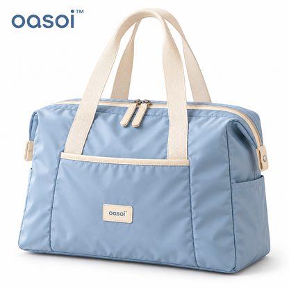 oasoi™ CloudCarry Foldable Weekender Duffel with matching foldable pouch on a clean white background