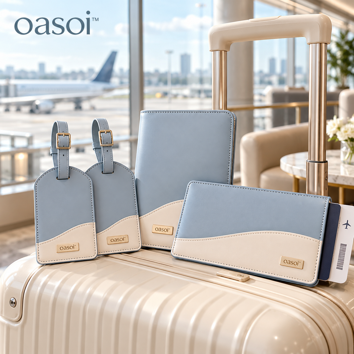 oasoi™ JourneyMark Luggage Tag and Document Set in Mist Blue and Ivory, main product view